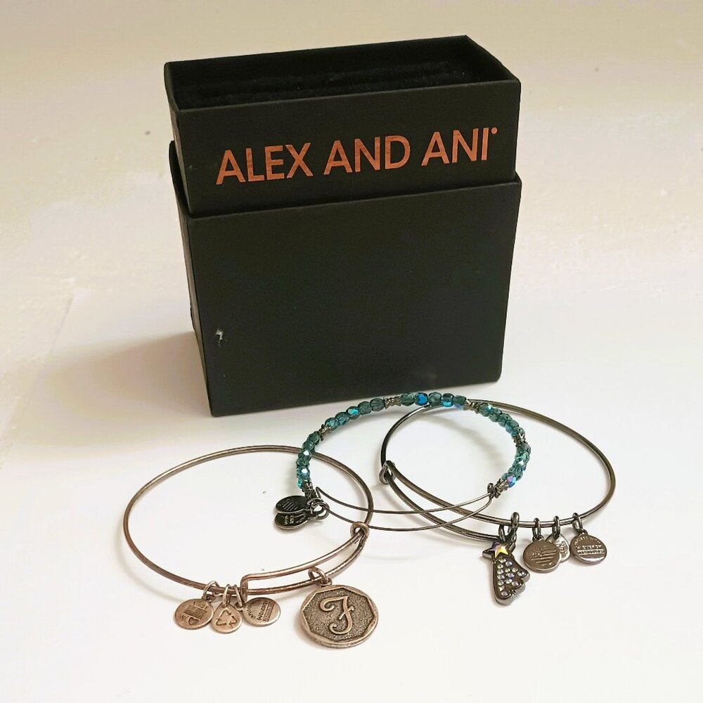 Alex and Ani Box Set of 3 Bracelets. F Initial Charm Adjustable Slide Bangles
